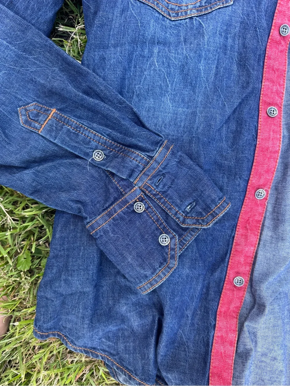 True Religion Men's Dark Blue Denim Western Button-Down Shirt with Red Trim